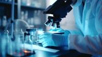 Researcher looking at microscope
